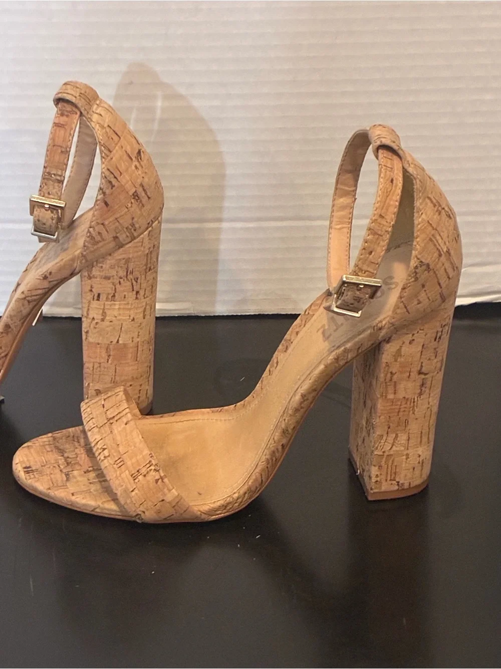 SCHUTZ Natural Cork Ankle-Strap Block Heel Sandals 7.5